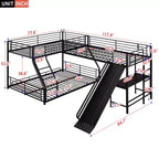 Metal Twin over Full Bunk Bed, L Shaped Bunk Bed for 3 Kids, Heavy-Duty Triple Bunk Bed with Desk and Slide, Black