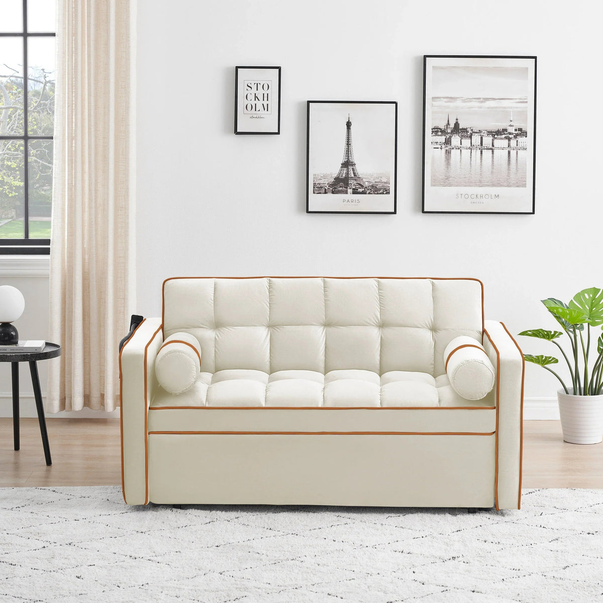Velvet Convertible 55 2-Seater Sleeper Sofa with Pull-Out Bed, Adjustable Recline, Side Pockets, and Phone Holder