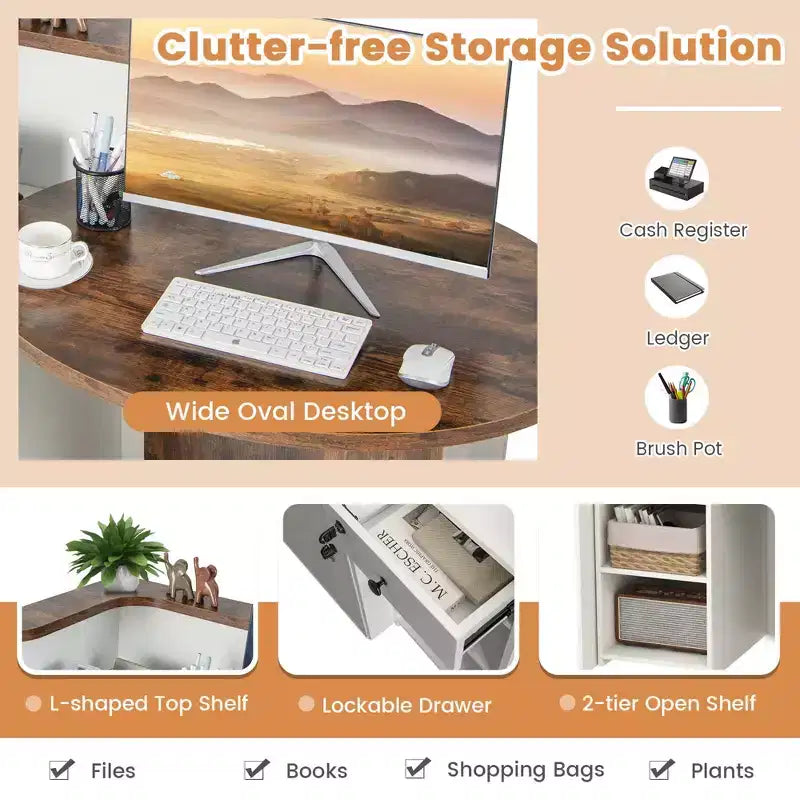 Costway Front Reception Counter Desk Checkout Office Desk with Open Shelf & Lockable Drawer White/Brown/Black