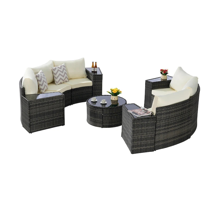 11-Piece Outdoor Half-Round Modular Sectional Sofa Set with Tempered Glass Coffee Table and 4 Side Table