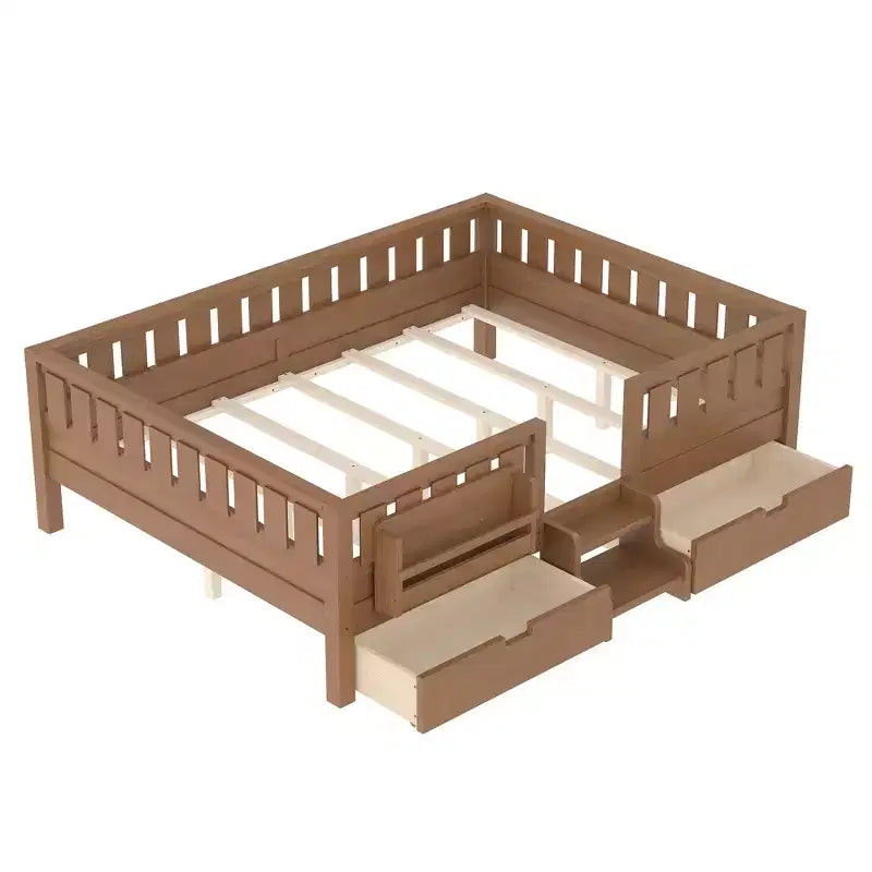 Bellemave Queen Size Toddler Bed with 14 Safety Guardrails, Space-saving Bed Frame with Built-in Bookshelves & 2 Under-Bed Storage Drawers