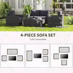 4 Pieces Rattan Sofa Set Wicker Patio Sofa Set with Loveseat Chairs Glass Top Coffee Table for Garden Outdoor