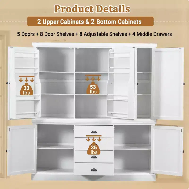 Whisen 73 Freestanding Wooden Kitchen Pantry Cabinet with Drawers and Adjustable Shelves for Storage and Organization in Dining Room or Kitchen