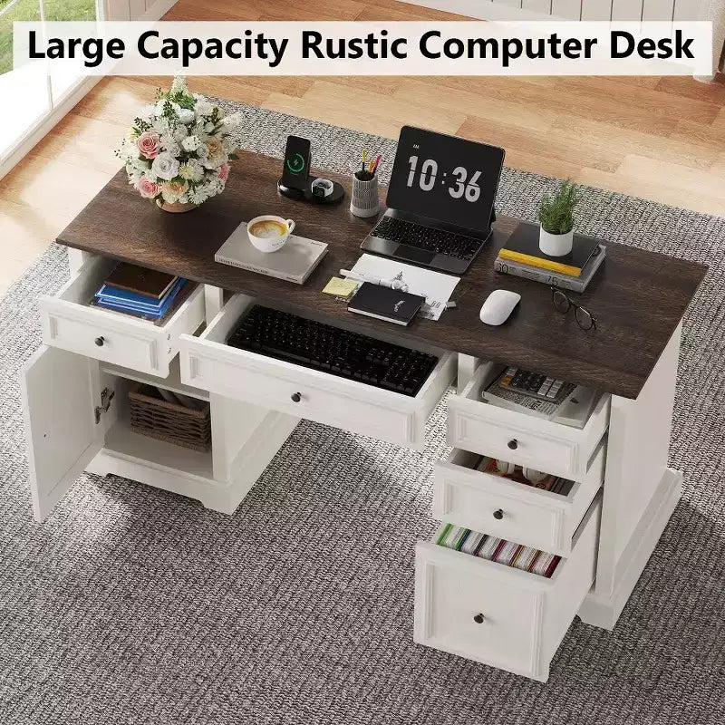 60 Farmhouse Executive Desk for Home Office - Wooden Writing Desk with Drawers, Cabinet Storage, Rustic Home Office Desk for Work Study