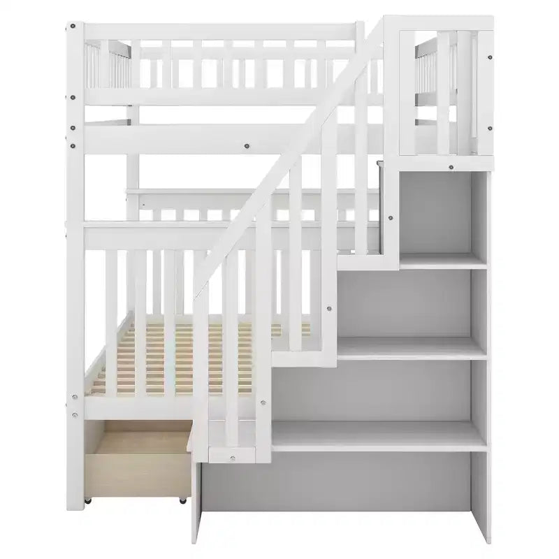 Full over Full Bunk Bed with Drawers and Storage Staircase