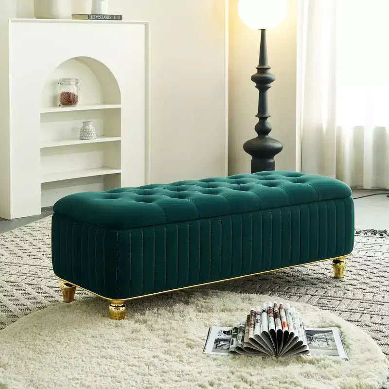 Okak Modern Luxury Flip Top Deep Button Ottoman Bench with Gold Decor & Metal Legs,Upholstered Storage Bench for Living Room,Bedroom