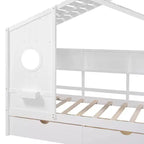 Whisen Twin Size House Bed & Kids Bed, Playhouse Bed with 2 Drawers, Storage Shelf