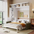 Queen Size Murphy Bed with Sofa and Cabinet, Wooden Queen Cabinet Bed Wall Bed with Shelves, Folding Wall Chest Bed for Guest Room Office