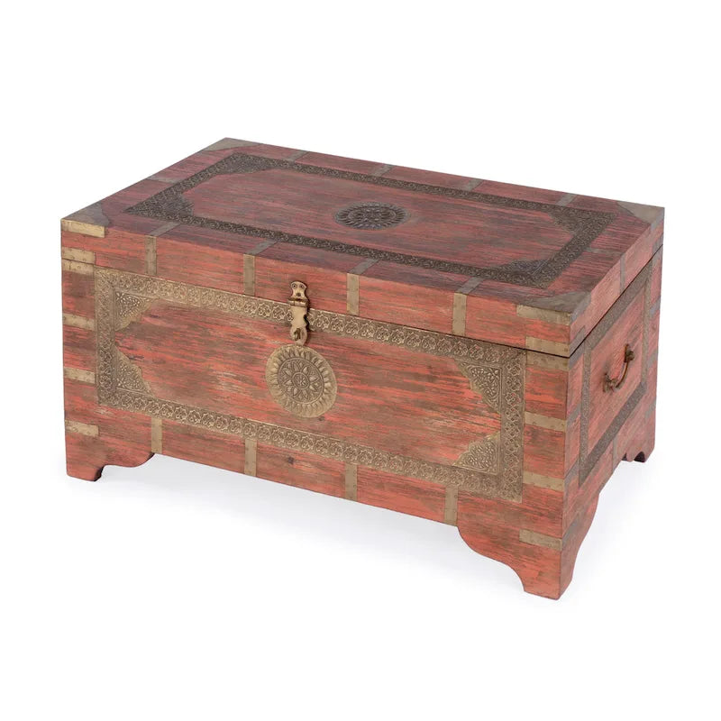 Nador Hand-Painted Brass Inlay Storage Trunk Coffee Table