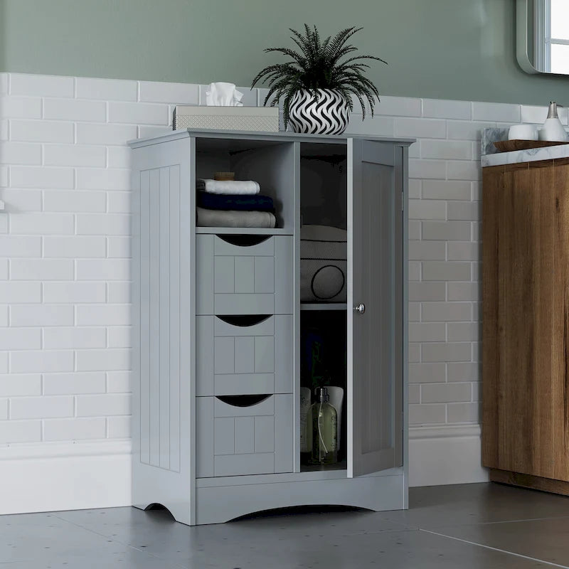 RiverRidge Ashland Single Door Bathroom and Laundry Storage Cabinet with 3 Drawers, Open and Adjustable Shelf