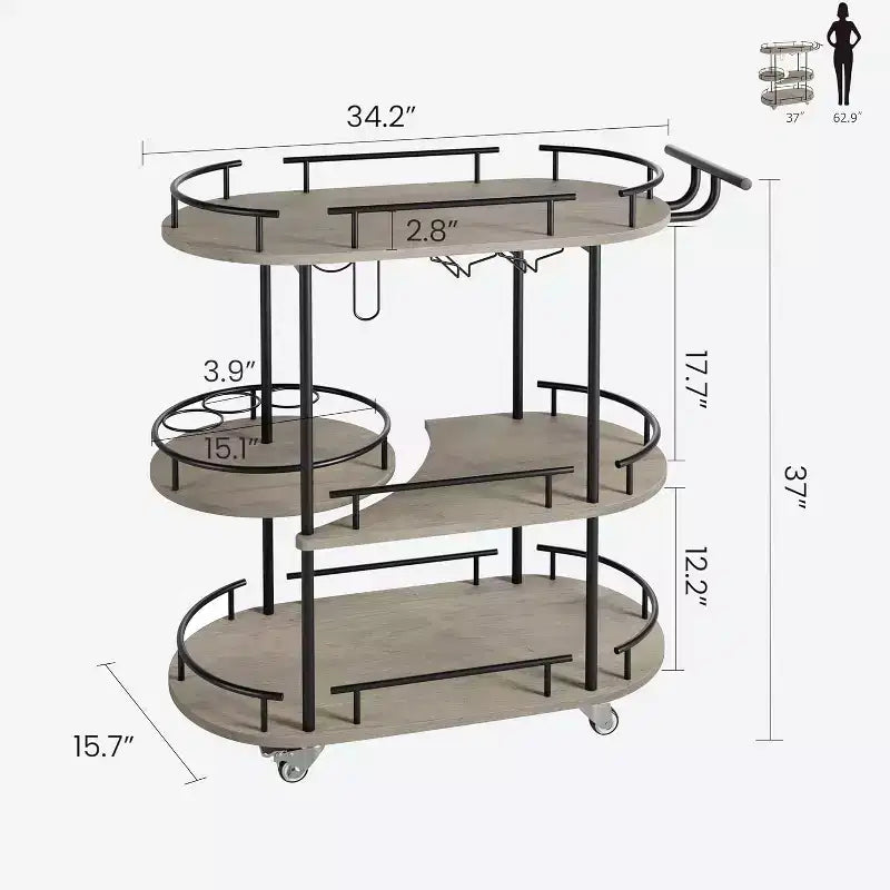 Bar Carts with 4-Tiers Storage ShelvesMobile Bar Seving Carts On Wheels with Wine Rack and Glass Holder for Kitchen, Dining Room, Living Room