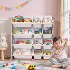 VECELO Kids Bookshelf Toy Storage with 12 Bins, Wooden Toy Rack for Toddlers, Large-Capacity Playroom Storage for Books or Toys