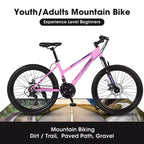 Okak 24/26IN Mountain Bike with 21 Speeds and Dual Disc Brakes, Kids Bike with 100mm Front Suspension, Dirt Bike for Teenagers and Women
