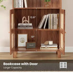 TUYOHW Tall Bookcase with Rattan Doors,5-Shelf Freestanding Storage Cabinet,Bookshelf for Living Room,Bedroom,Home Office