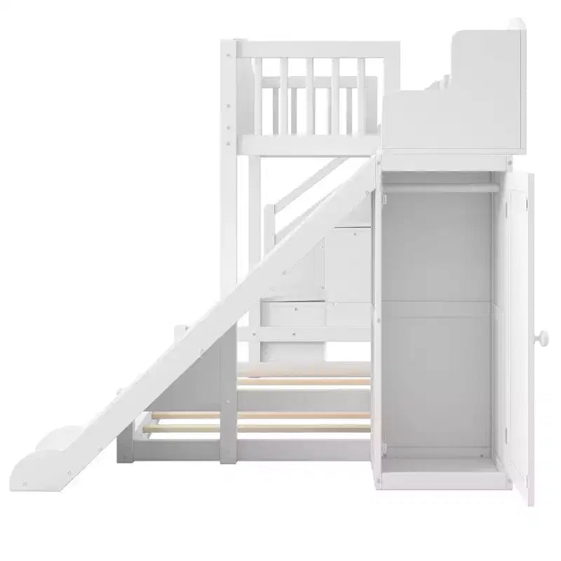 Twin over Full Bunk Bed with Slide, Shelves, Storage Staircase and Wardrobe for Kids Room