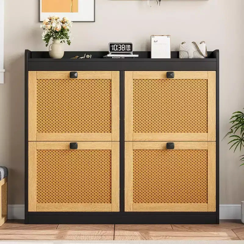 Shoe Storage Cabinet with 4 Flip Drawers, Wood Shoe Cabinet with Rattan Doors and Adjustable Shelves- Freestanding Shoe Organizer