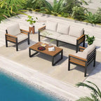 4-Piece Outdoor Sofa Set for 5 with Solid Wood Coffee Table and Removable Cushions