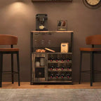 Grey 3-Tier Industrial Wine Bar Cabinet (12+ Bottles)  36H x 24W x 15D, Detachable Rack, 9 Glass Holders & Adjustable Shelves for Home/Bar