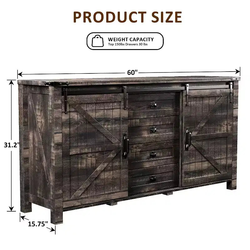 SinCiDo Farmhouse 60Dressing Table with Sliding Barn Door and 4 Drawers,Drawer Cabinet Living Room,Bedroom,Coffee Bar