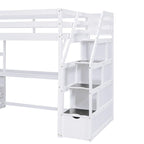 Twin Size Loft Bed with Desk and Shelves, Two Built-in Drawers, Storage Staircase