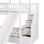 Whisen Twin over Twin House Bunk Bed with Trundle and Slide, Storage Staircase, Roof and Window Design