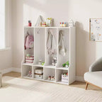 Brown/White 4-Section Cubby Locker with 8 Hooks, for Kids