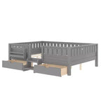 Bellemave Queen Size Toddler Bed with 14 Safety Guardrails, Space-saving Bed Frame with Built-in Bookshelves & 2 Under-Bed Storage Drawers