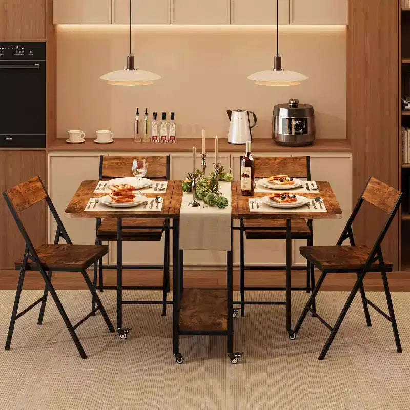 47 5-Piece Farmhouse Folding Dining Set for 4  Wooden Drop Leaf Table on Wheels & 4 Foldable Chairs  Sturdy Steel Frame, Space-Saving for Apartmen