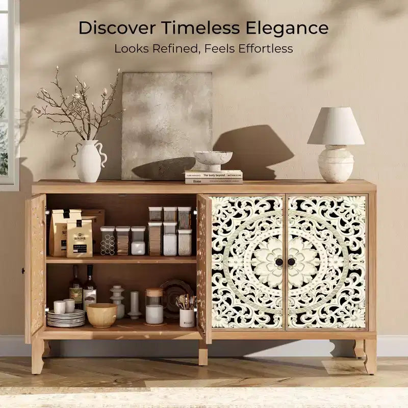 Buffet Cabinet with Storage, Distressed Storage Cabinet with 4 Carved Doors and Adjustable Shelf, Wooden Accent Sideboard Buffet Cabinets