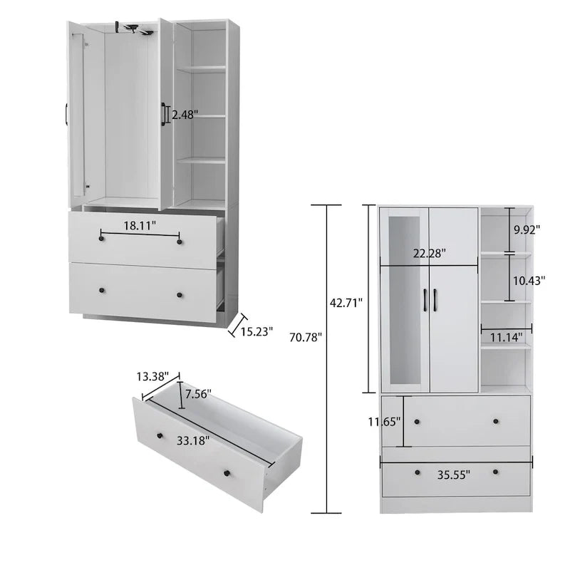 Wardrobe Clo Armoire wi/Mirror & Scalable Hanging Rod Space Saving