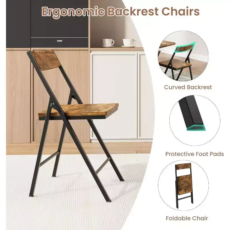 47 5-Piece Farmhouse Folding Dining Set for 4  Wooden Drop Leaf Table on Wheels & 4 Foldable Chairs  Sturdy Steel Frame, Space-Saving for Apartmen