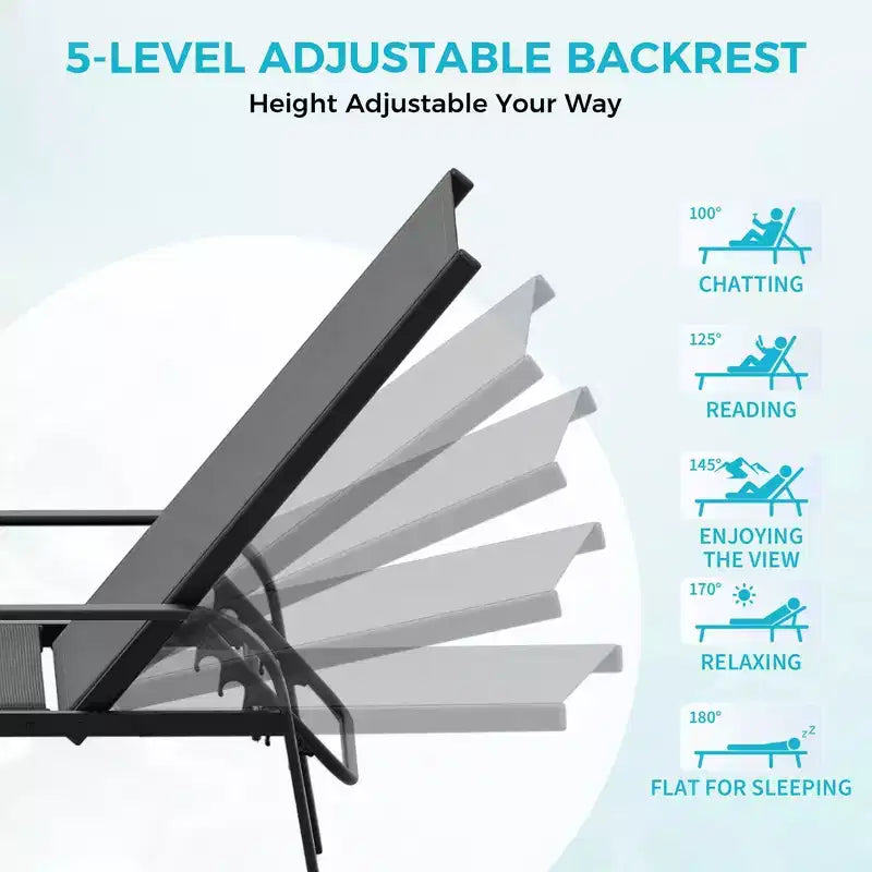 Set of 2 Outdoor Patio Chaise Lounge Chairs, 5-Position Adjustable Reclining Chairs with Textilene Fabric, Poolside Loungers for Garden & Balcony