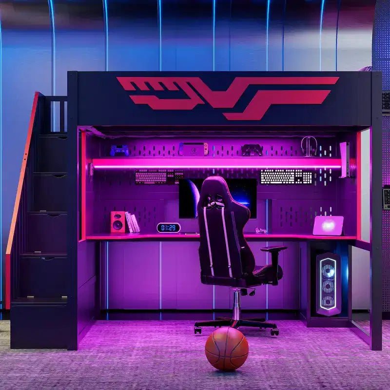 Whisen Full Size Gaming Loft Bed Frame with Desk and Storage Staircase - Red & Black