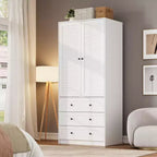 COZONY Armoire Wardrobe with 3 Drawers & 2 Doors, Modern Wooden Closet Cabinet for Bedroom, Heavy Duty White Standing Armoire