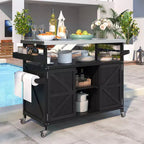Okak Outdoor Kitchen Island with Stainless Steel Top, Wooden Kitchen Cart with Doors, Shelves and Spice Rack, Rolling Kitchen Island