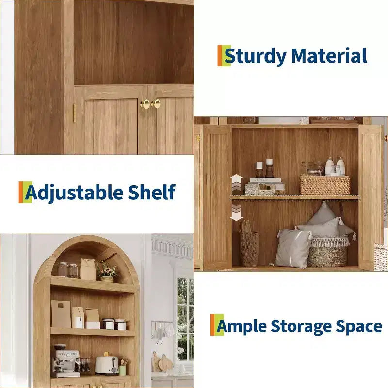 72 Tall Arched Cabinet, 5 Tier Arched Bookshelf with Double Doors & Adjustable Shelf, Wooden Bookcase with Storage for Home Office