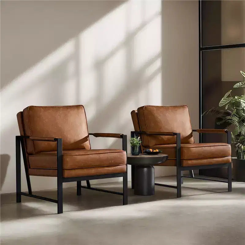 Yaheetech Set of 2 Retro Upholstered Lounge Arm Chairs with Metal Arms, Removable Seat & Back Cushion