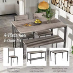Costway 4pcs Dining Table Set Rustic Desk 2 Chairs & Bench w/ Storage Rack