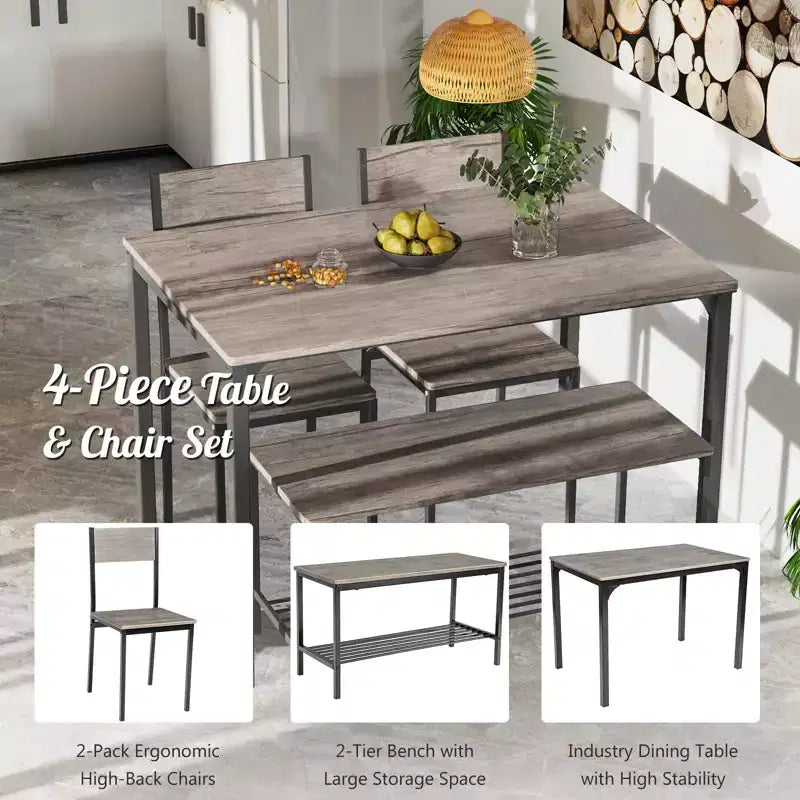 Costway 4pcs Dining Table Set Rustic Desk 2 Chairs & Bench w/ Storage Rack