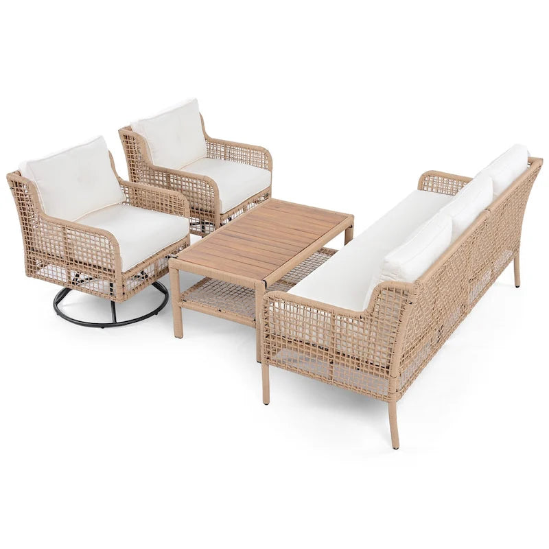 4-Pieces Outdoor Rattan Conversation Sofa Set with Swivel Chairs and Coffee Table