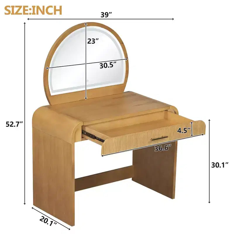 Makeup Vanity Table with Large Mirror and Touch Screen, Vanity Desk with Large Drawer and Arched Corner, Dressing Table for Bedroom