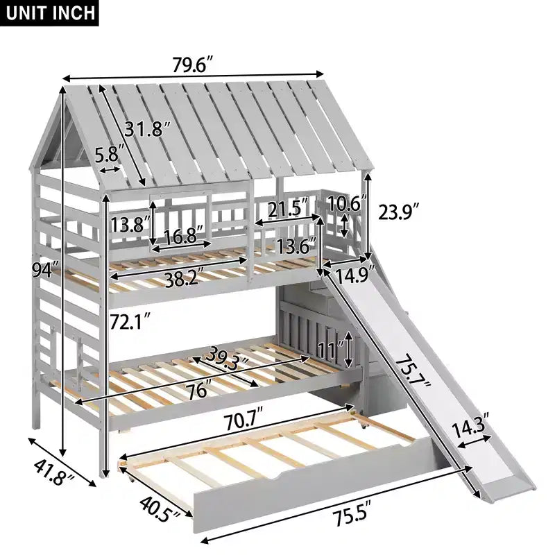 Whisen Twin over Twin House Bunk Bed with Trundle and Slide, Storage Staircase, Roof and Window Design