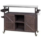 Okak Outdoor Kitchen Island with Stainless Steel Top, Wooden Kitchen Cart with Doors, Shelves and Spice Rack, Rolling Kitchen Island