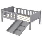 Whisen Twin Size Low Loft Bed Frame for Kids with Slide, Movable Bookshelf Storage, Guardrails, Low Loft Bed Frame