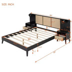 Queen Size Solid Wood Bed Frame with 2 Nightstands, Elegant Rattan and Wood Combination Platform Bed with Lamps - ModernLuxe