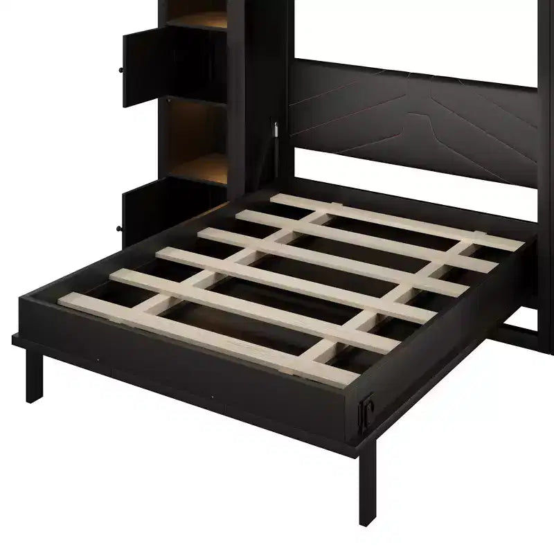 Luxystar Modern Queen Murphy Bed with 10 Storage Shelves and Upholstered Headboard, Black
