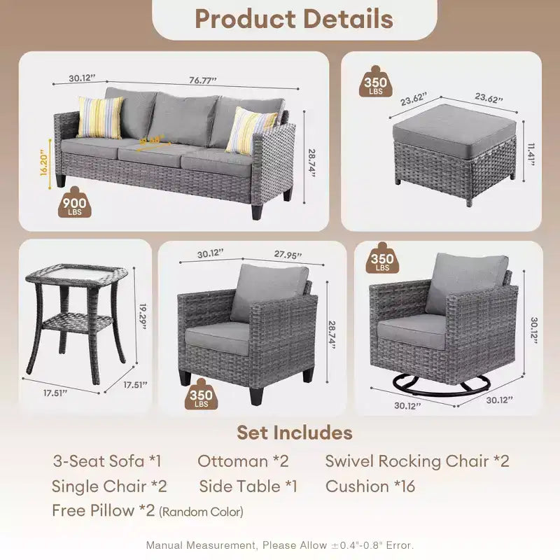 Ovios Tampa 8pc Wicker Outdoor Patio Furniture Conversation Sofa Set with Swivel Chairs and Cushions