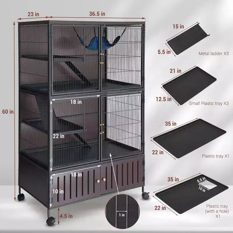 Small Animal Cage, Ferret Cage - 59 5-Tier Habitat with Storage Cabinet, Includes Hammock/Wheels/Removable Ramps/Easy-Clean Trays