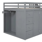 Gray Full Size Wood Loft Bed with Wardrobes, Drawers and Storage Staircase