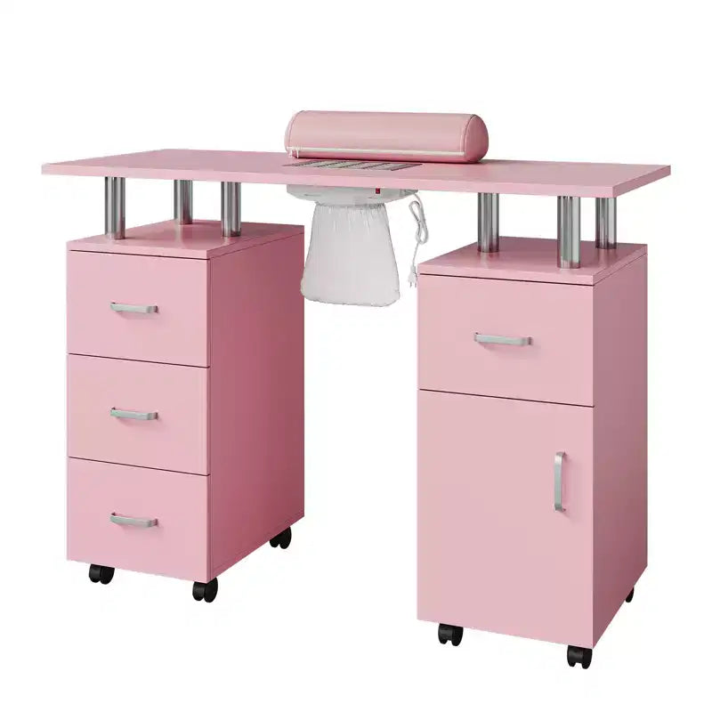 Manicure Table Nail Desk Station with Dust Collector, Locking Castors, Wrist Cushion & Storage for Home, Nail Tech & Beauty Salon